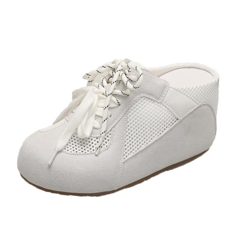 Non-heeled Semi-drag Women's Summer New Round Toe Light Mouth Color Block Hollow Out Breathable Mesh Anti-slippery Heel Shoes