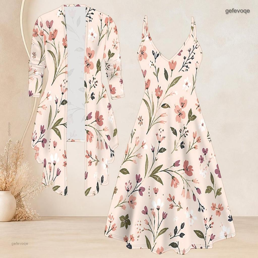 Women Plus Size Two Piece Outfit Long Sleeve Open Front Jacket Cami Maxi Dress