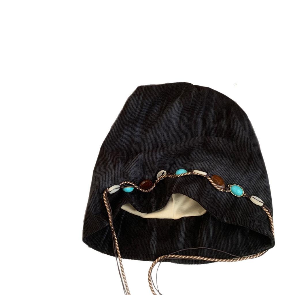 Beaded Tassel Pile Hat for Women Retro Cold Hat Loose Big Head Circumference Showing Face Small Pile Hat Trendy