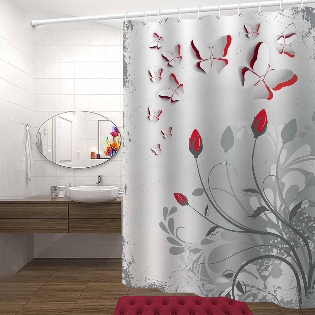 1 Stück Nordic Style Schmetterling und Blumen Duschvorhang, Polyestergewebe, maschinenwaschbar, geeignet für Badezimmerdekoration