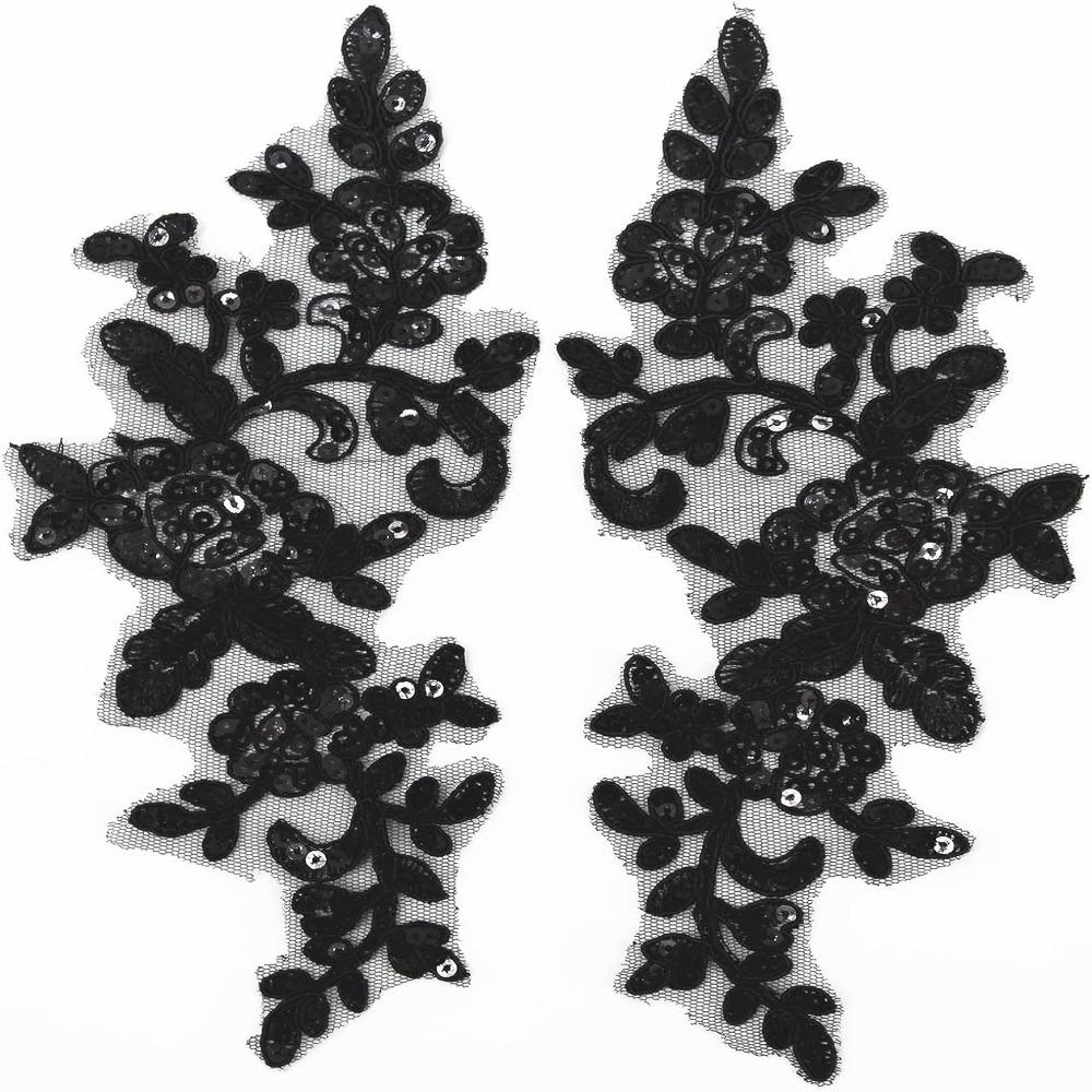 

Одна пара (2pcs) Полиэфирные черные блестки, вышитые кружевные аппликации, нашивки с вышивкой