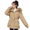 Women Winter Coat Thick Plush Furry Hooded Long Sleeves Pockets Drawstring Waist Zip-up Windproof Mid Length Overcoat Outdoor Outwear