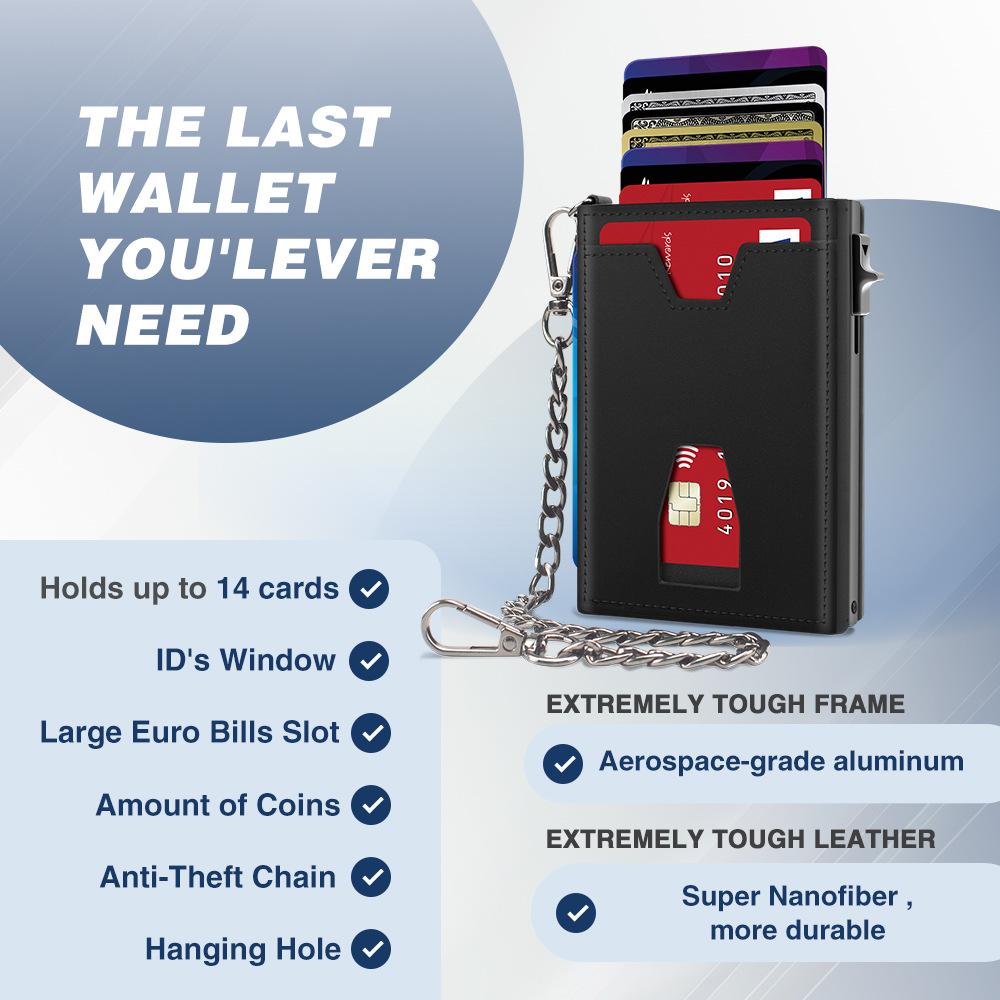 Men s Card Pack Wallet 14 Card Position, For Euro Cash Position, With Anti-Theft Chain, Crazy Horse Leather чёрный