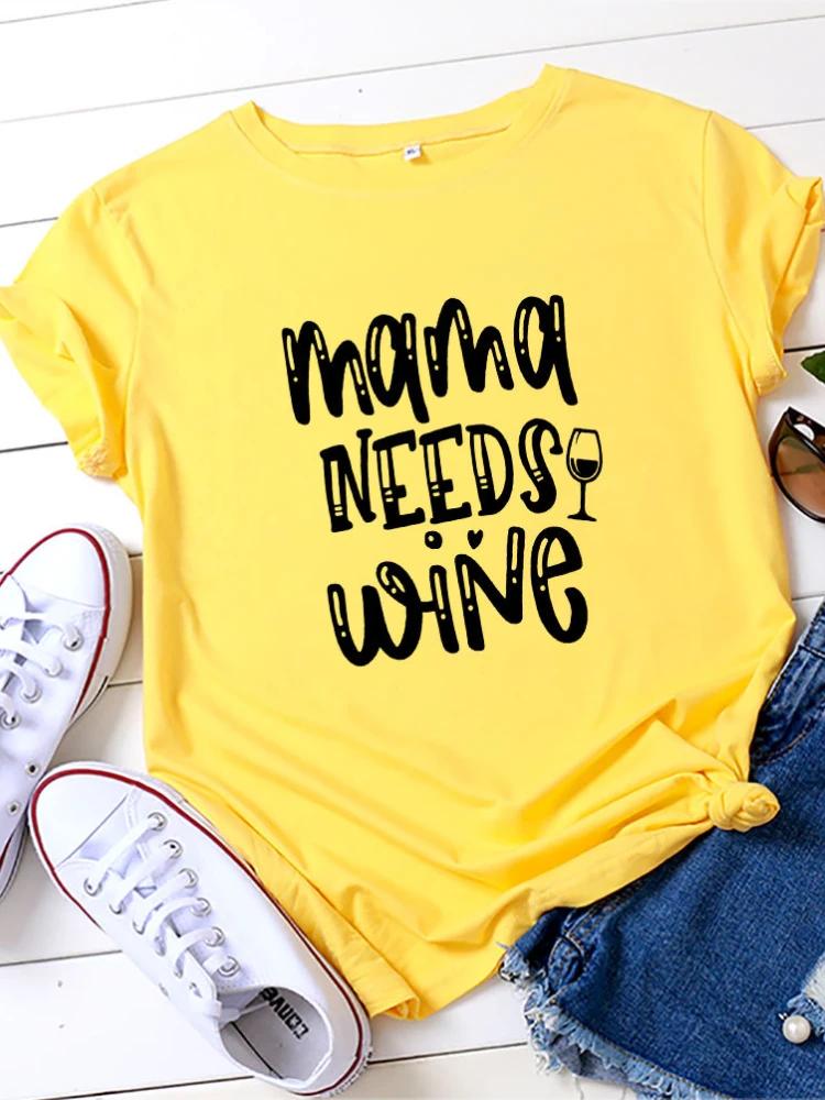 MAMA BRAUCHT WEIN Buchstabenaufdruck T-Shirt Damen Kurzarm Rundhals Lockeres T-Shirt Sommer Damen T-Shirt Tops Camisetas Mujer