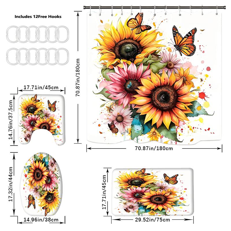 4PCS Shower Curtain Sets With Shower Curtain And Rugs Toilet Lid Rug U Shape Mat And Bath Mat Bathroom Set With 12 Hooks