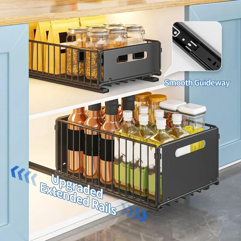 Pull-out cabinet organizer, sliding metal storage basket for kitchen, fits various room cabinets, home organization accessory