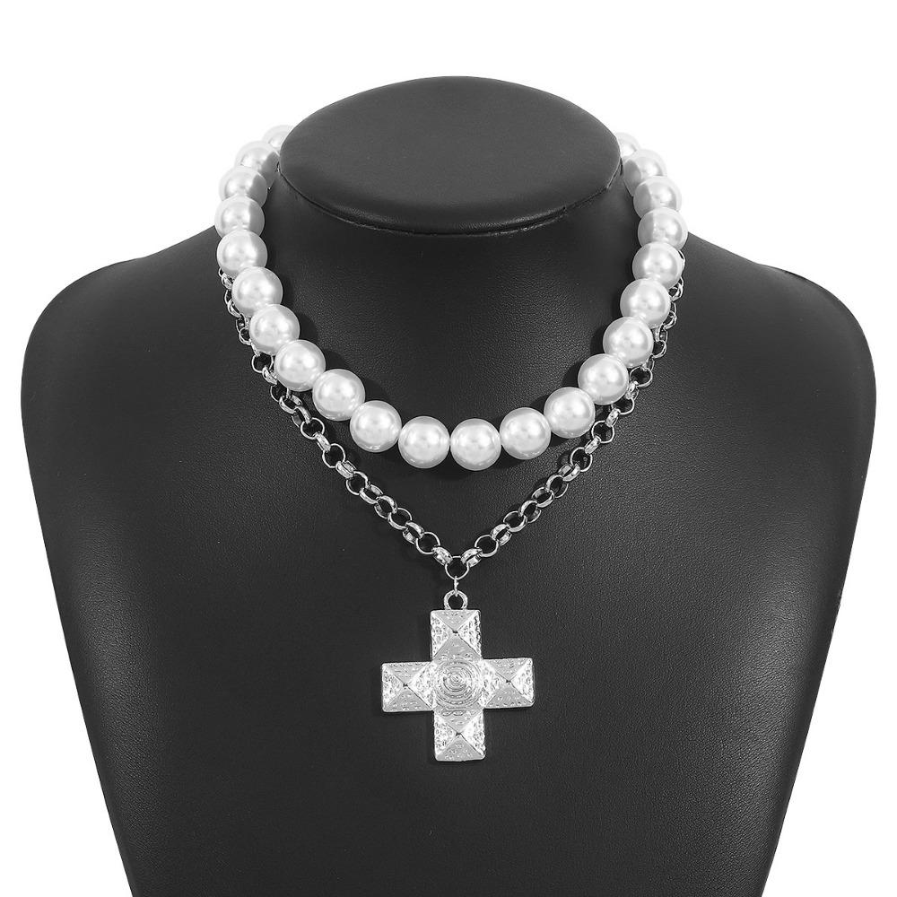 

Fashion Cross Pendant Necklace Exaggeration Clavicle Chain Multilayer Beads Chain Jewelry Gift Style 4