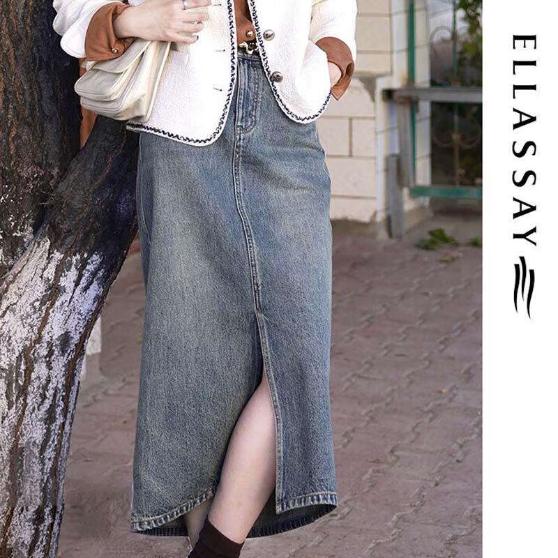 ELLASSAY Distressed Vintage Denim Midi Skirt S