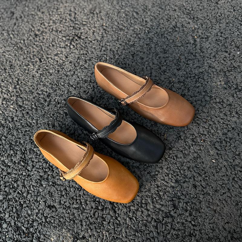 Johnature Genuine Leather Buckle Strap Women's Flats Shoes Retro Square Toe Soft Soles Solid Color Shoes