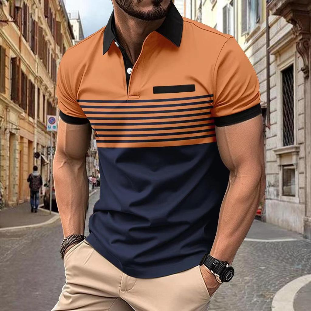 2024 Men's Striped Casual Polo Shirt with Button Lapel and Short Sleeves
