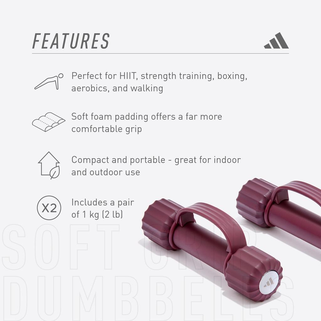 Adidas Soft Grip Dumbbells, 1kg (Pair), Victory Crimson Color, with Silicone Rubber Handles (ADWT-11300)