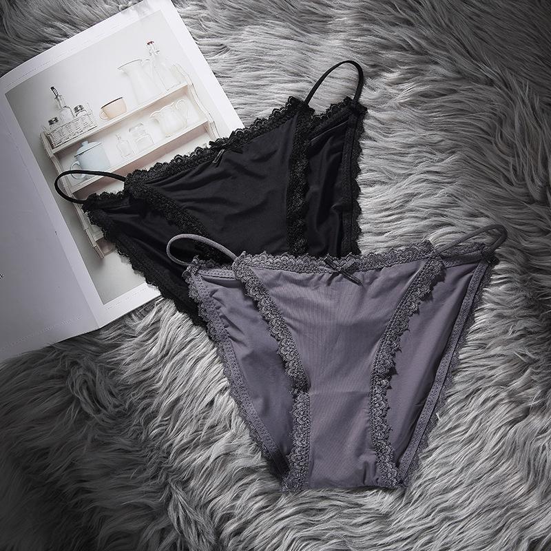 Ice Silk Girls Panty Women's Sensual Spaghetti Straps Breathable Cotton Crotch Low Waist Lace Edge Panties