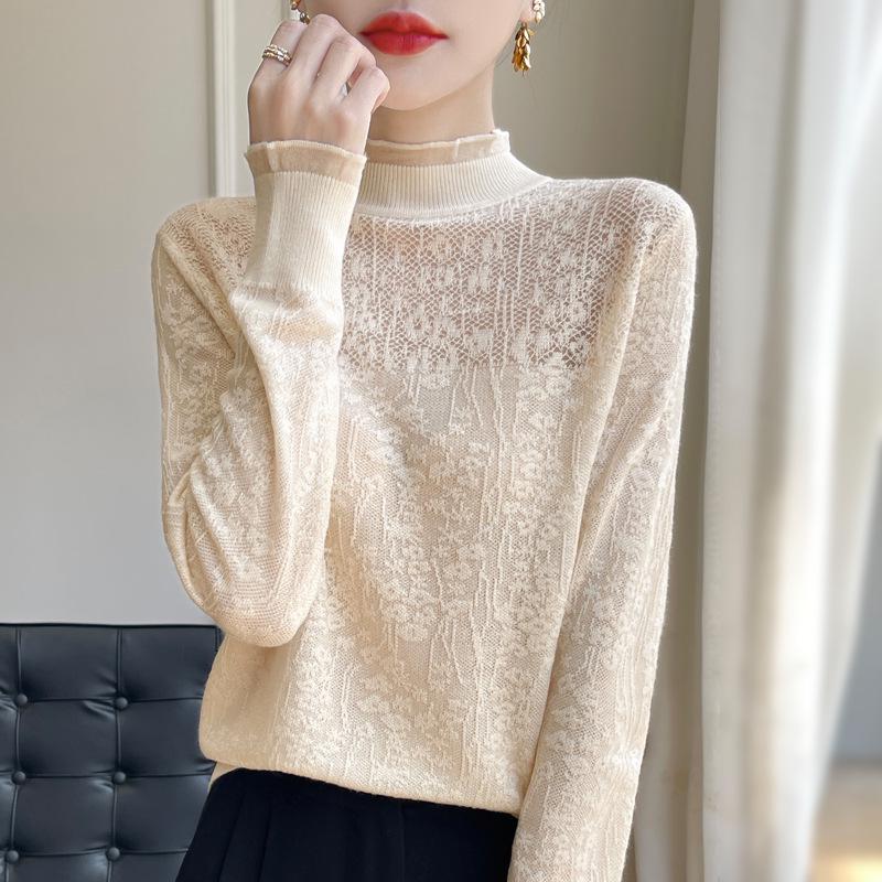 

Женский кружевной трикотажный топ 2024 года: Стильный свитер больших размеров с полувысоким воротником на весну и осень L (105-120 jin) бежевый