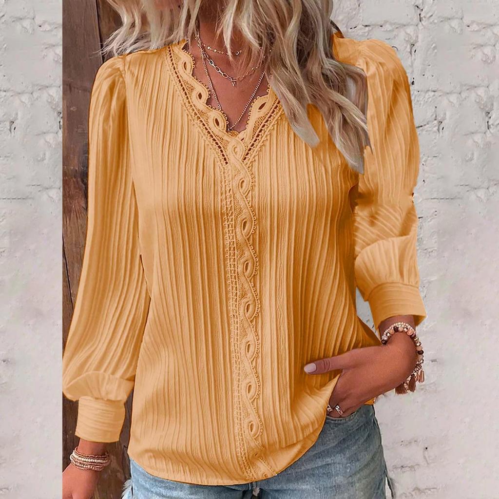 Women's Long-sleeved V-neck Lace Stitching Shirt