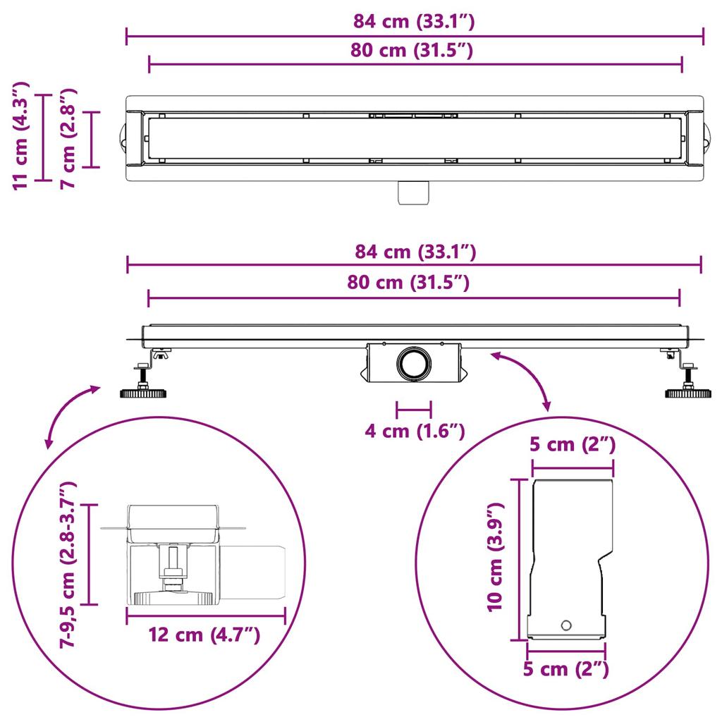 2 in 1 Shower Drain Black 80 cm Stainless Steel 304
