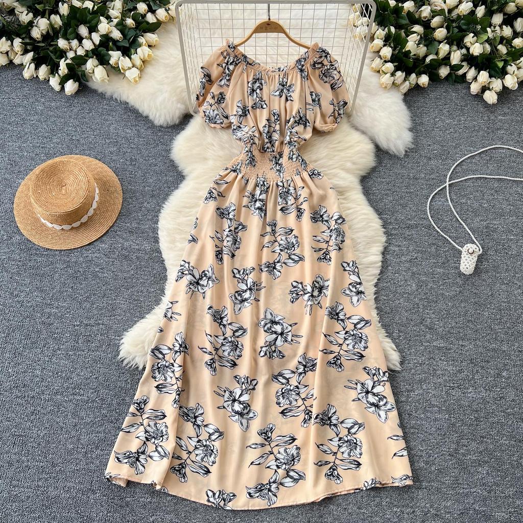 Retro Off Shoulder Dress Puff Sleeve Print Beach Vacation Women Korean Fashion Summer Vestidos Dresses