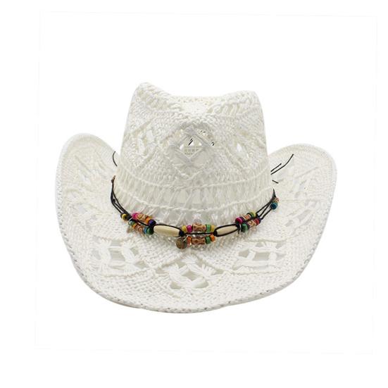 Yousheng Straw Hat with UPF 50+ Protection Adjustable Chin Strap Beads Decor Hollow Design Breathable Weave Retro Denim Straw Hat