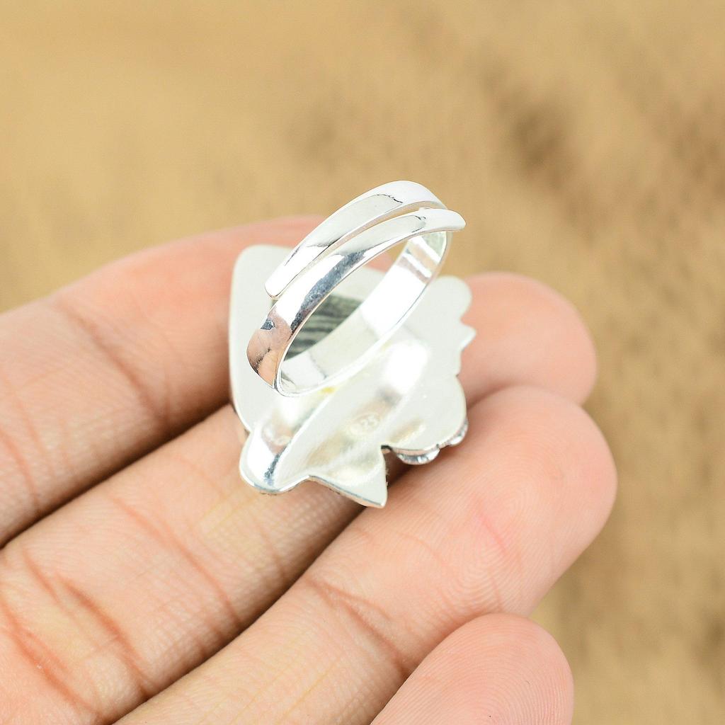 925 Sterling Silver Trillion Silver Leaf Jasper Gemstone New Promise Flower Ring