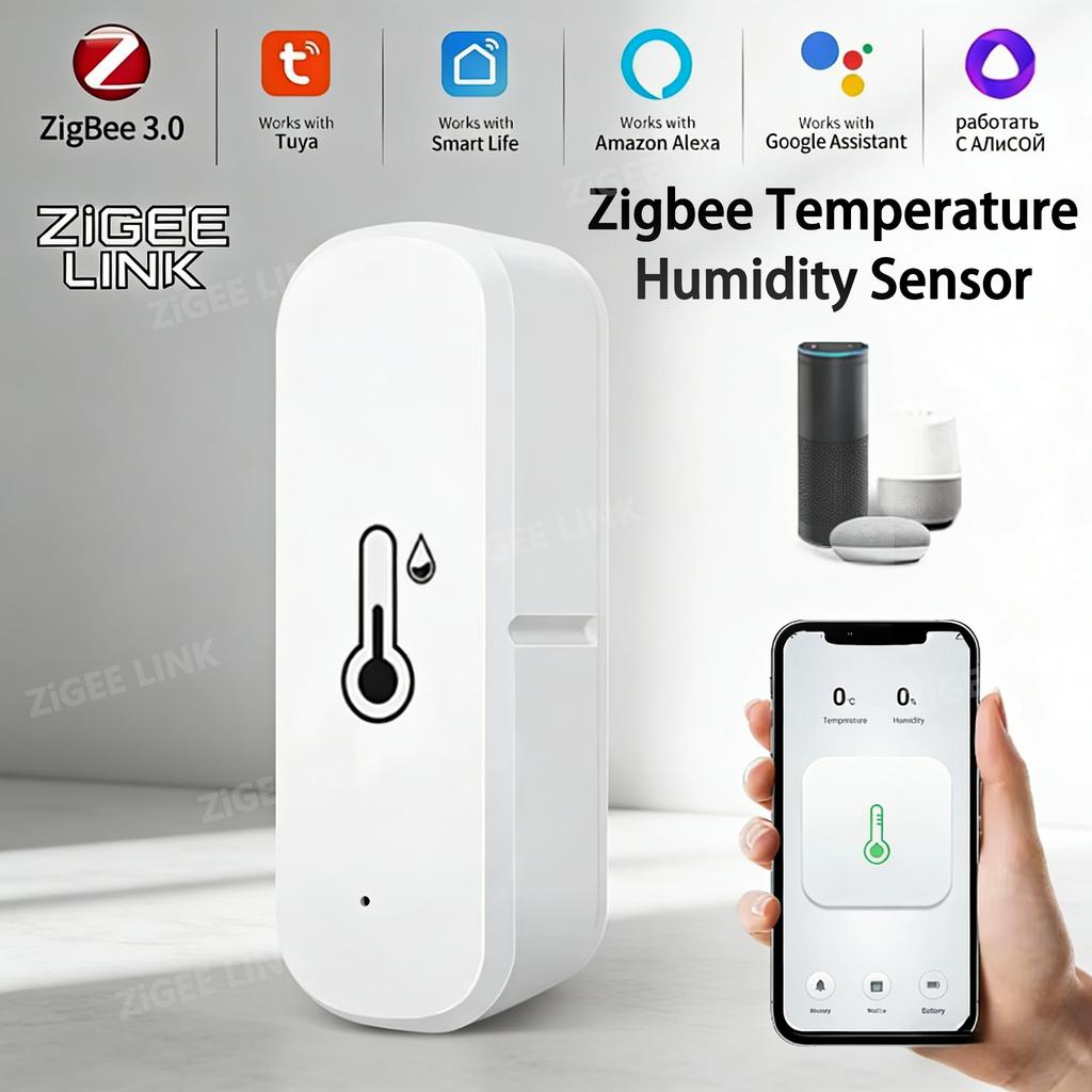 חיישן טמפרטורה ולחות אלחוטי Tuya Zigbee, גלאי לחות חכם, ניטור ביתי מרחוק, תואם לאלכסה ועוזרת גוגל