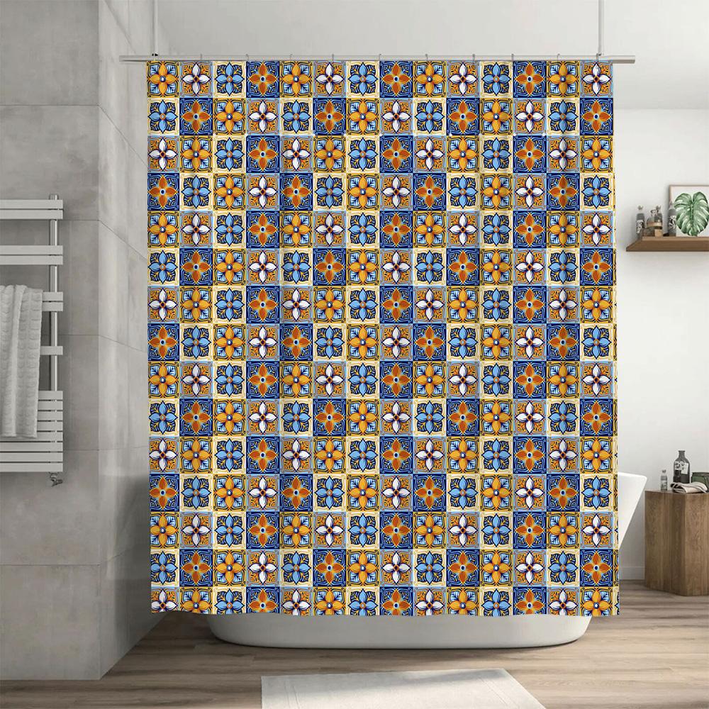 Blue Orange Flower Tile Shower Curtain Waterproof Bathroom Decor Print Home Decoration Customizable Size Available