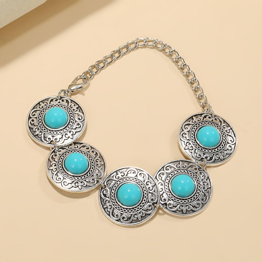 New Bohemian Fashion Necklace Earrings Set Inlaid Turquoise Carved Pattern Fringed Jewelry