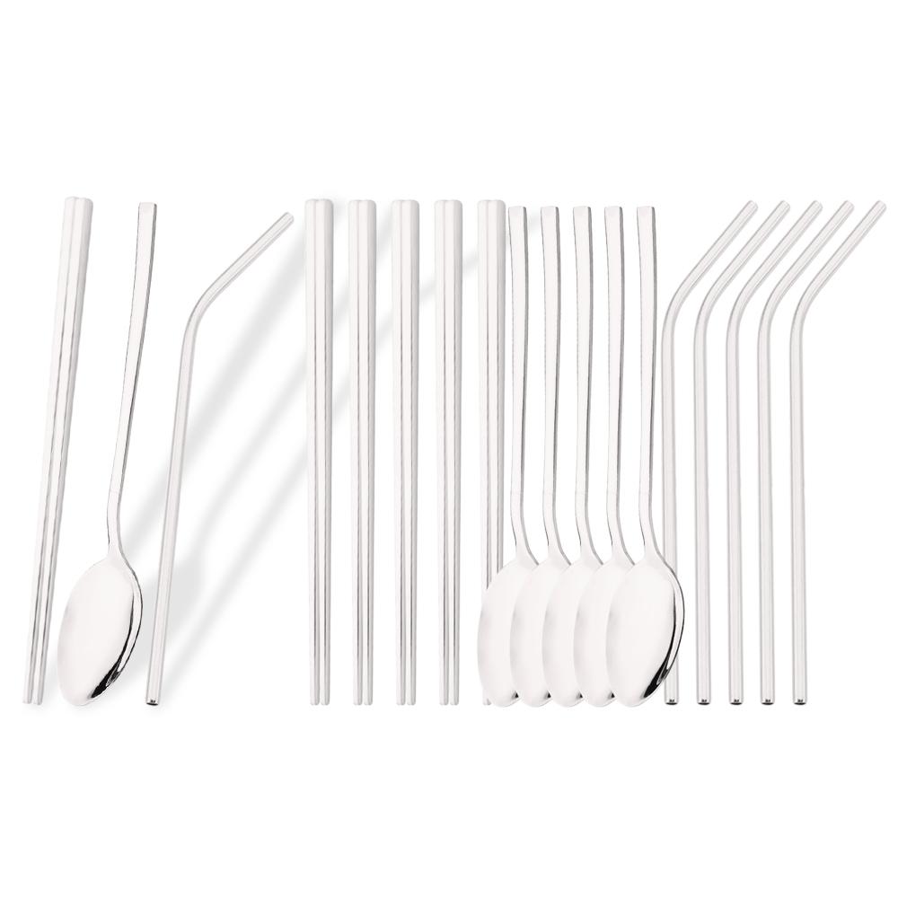 

18Pcs Mirror Black Household Flatware Cutlery Set Chopsticks Spoon Straws Stainless Steel Kitchen Dinnerware Set Tableware Set серебряный
