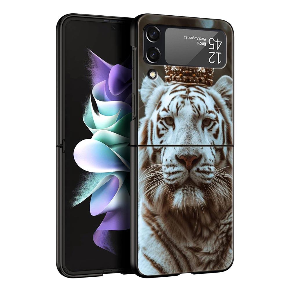 Phone Case for Samsung Galaxy Z Flip 3 4 5 6 7 Folding Black Shell For Samsung Z Flip4 Flip5 PC Hard Cover Animal White Tiger