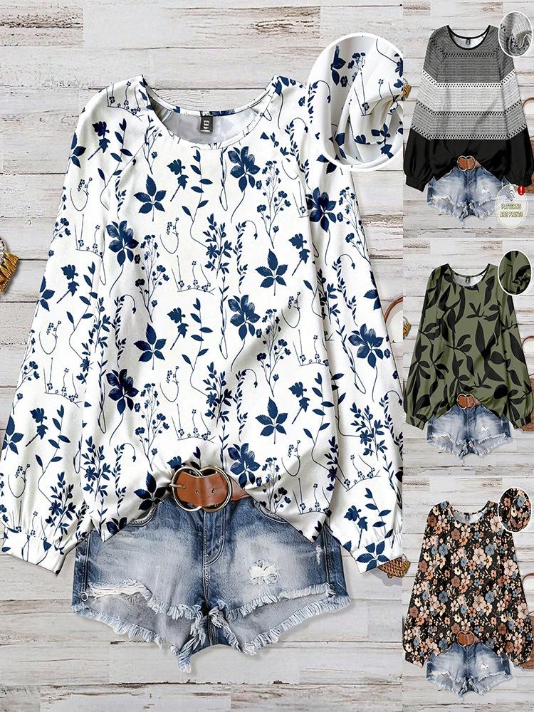 European & American Plus Size Floral Elegant Casual Loose Round Neck Women's Top