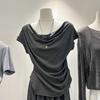 Sommer Damen Schalkragen Ärmellos Raffung Enganliegend Freizeit T-Shirt