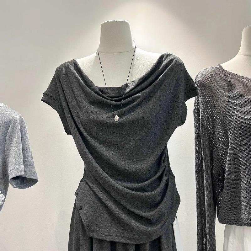 Sommer Damen Schalkragen Ärmellos Raffung Enganliegend Freizeit T-Shirt