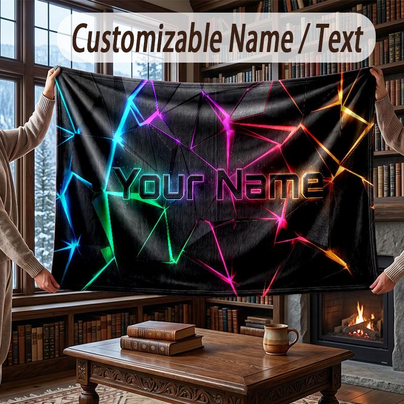 Abstract Geometric Theme Throw Blanket Custom Name Text Personalized Blanket Soft Cozy Blanket for Home Sofa Bed