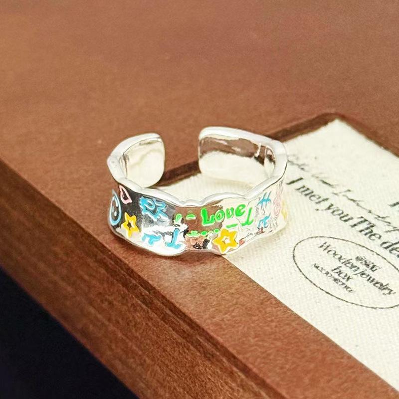 Cartoon Childlike Fun Graffiti Enamel Dripping Open Ring Stacking Wearing Pair Ring Girlfriend Niche High-End Ring Woman