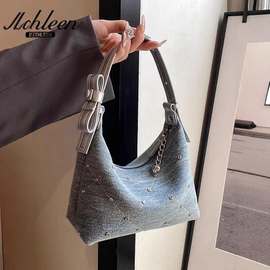 

Summer new exquisite denim underarm casual bag women s fashion commuter shoulder crossbody high texture handbag One Size джинсовий синього кольору