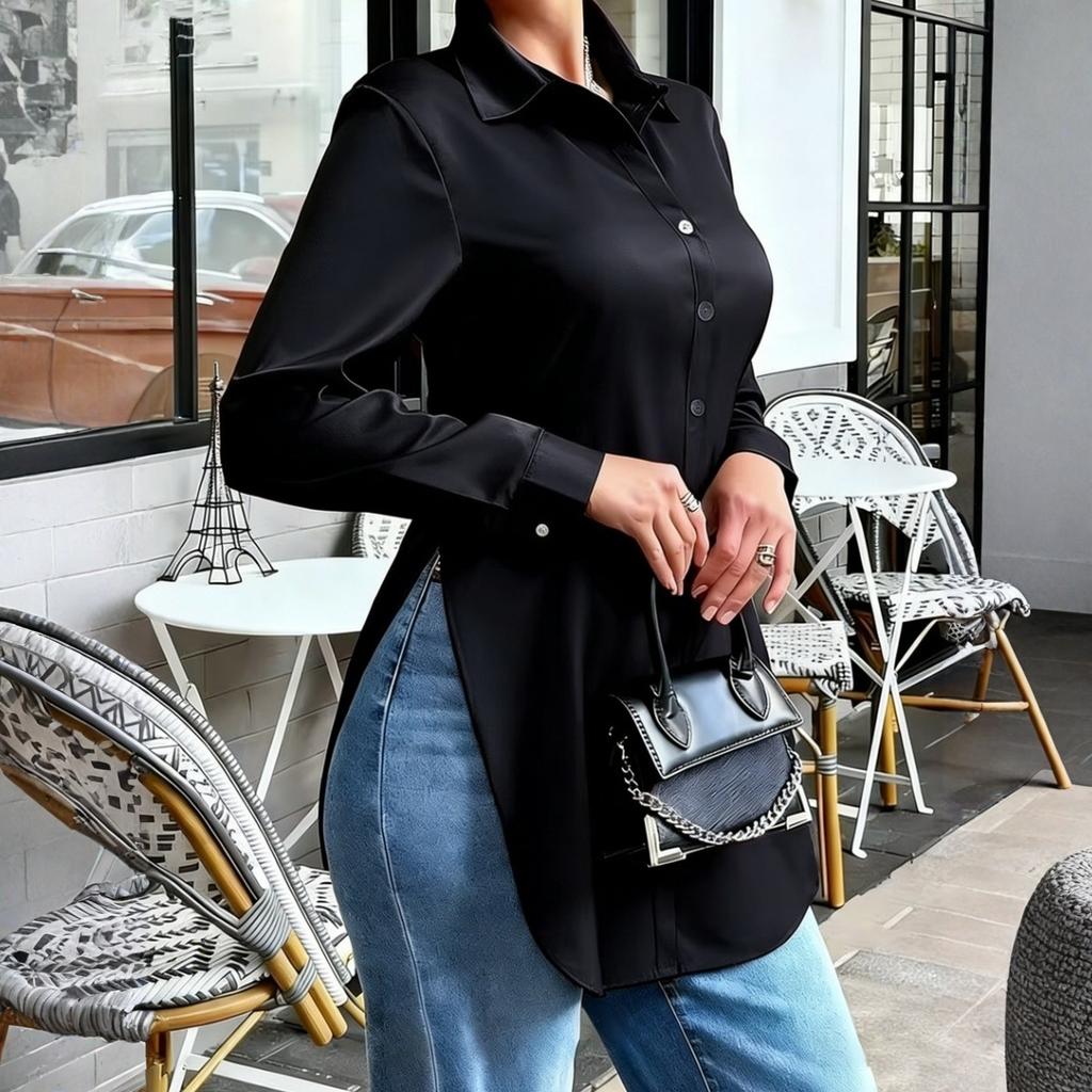 Modna damska, dopasowana, z nieregularnym dołem, długim rękawem, satynowa koszula