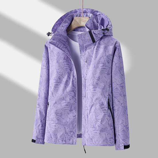 Women Jacket Stand Collar Detachable Hood Long Sleeve Casual Coat with Pockets Maple Leaves Print Zipper Placket Outwear