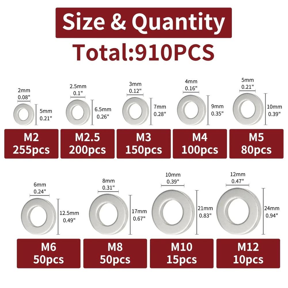 304 Stainless Steel Flat Washers 910Pcs Assorted Sizes M2 To FOR M12 Hardware Repair Gasket Tool Accessories