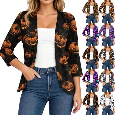 Women's Halloween Print 3/4 Sleeve Casual Cardigan Lightweight Loose Fit Fall Sweater