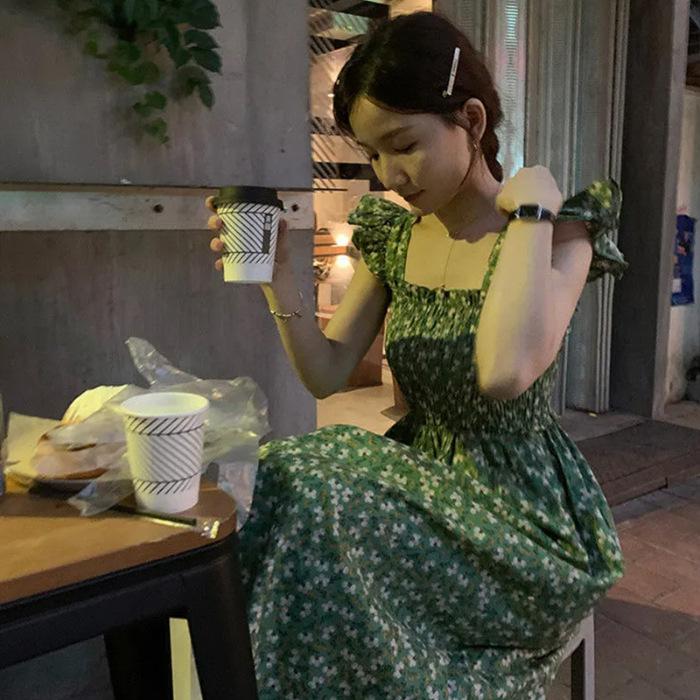 French dress green floral Japanese small fresh square collar small flying sleeves small skirt women s thin suspender skirt S