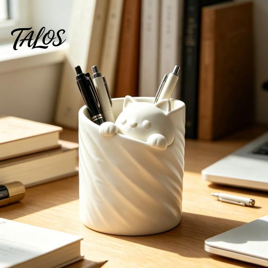 Talos 3D Printed Pen Holder, Cat Shape Large Capacity Hollow Barrel Desk Organizer for Gel Pens Pencils Makeup Brushes, Cute Girlish Decor Gift