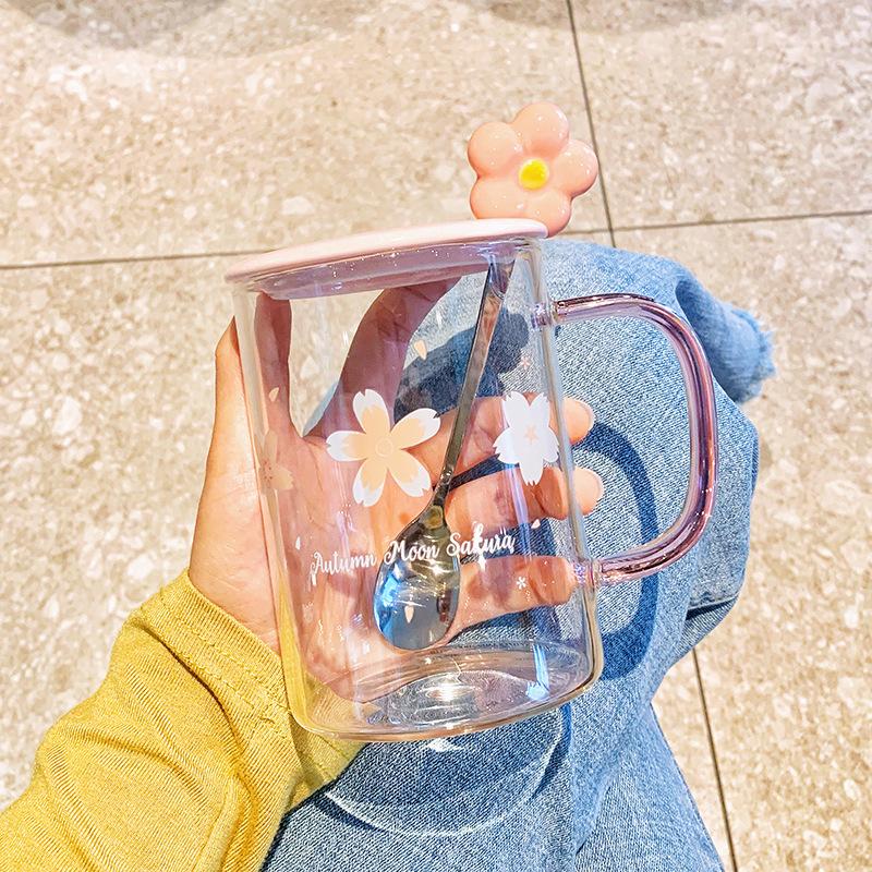 High value Japanese cherry blossom with lid spoon water cup high borosilicate high temperature resistant office women's large capacity glass summer