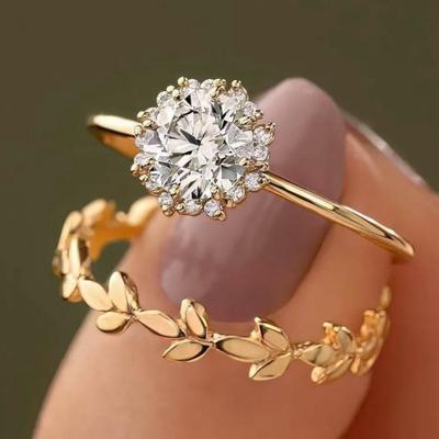 Luxury New Creative Diamond-encrusted Snowflake Ring, European Beautiful Woman Plated 18k Yellow Gold Simulation Diamond Ring Pair
