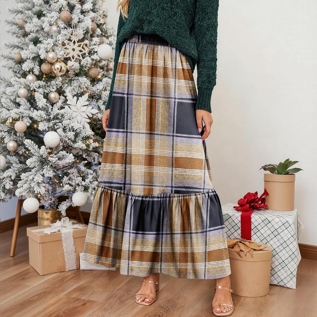 Women's Ruffled Casual Long Skirt Plaid Skirt Retro Pleated Skirt