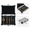 5-Piece Triangular Shank Stepped Drill Bit Set, Yellow Nitrided, Metric & Imperial Sizes, with Straight Flute in Aluminum Box Packaging.