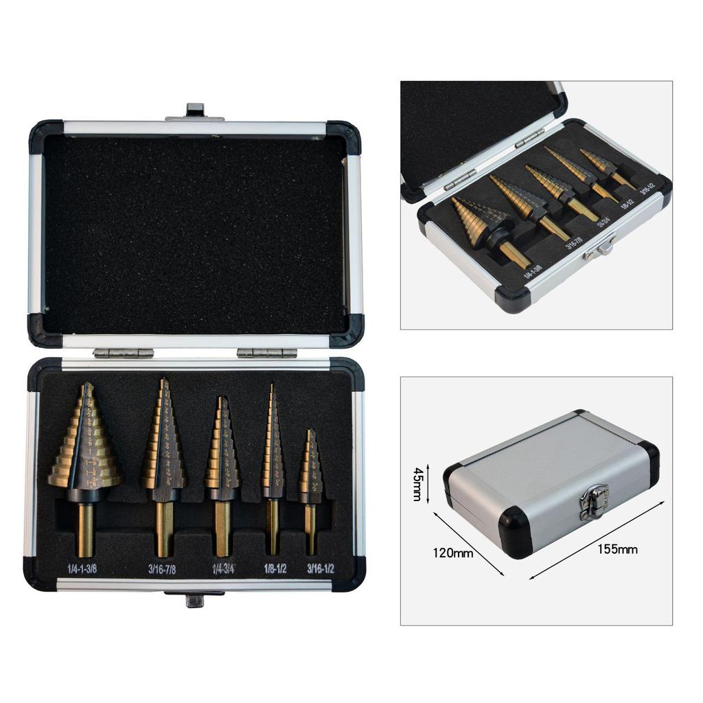 5-Piece Triangular Shank Stepped Drill Bit Set, Yellow Nitrided, Metric & Imperial Sizes, with Straight Flute in Aluminum Box Packaging.