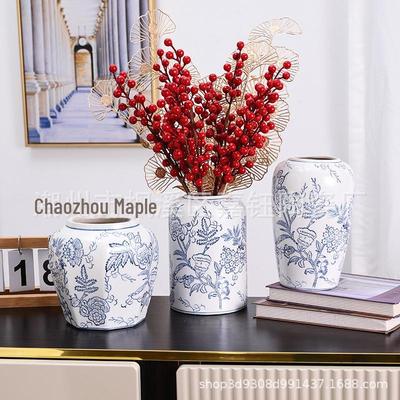 Vaso in Porcellana Blu e Bianca Dipinto a Mano per Fiori Freschi e Secchi, Decorazione per Soggiorno in Stile Medievale