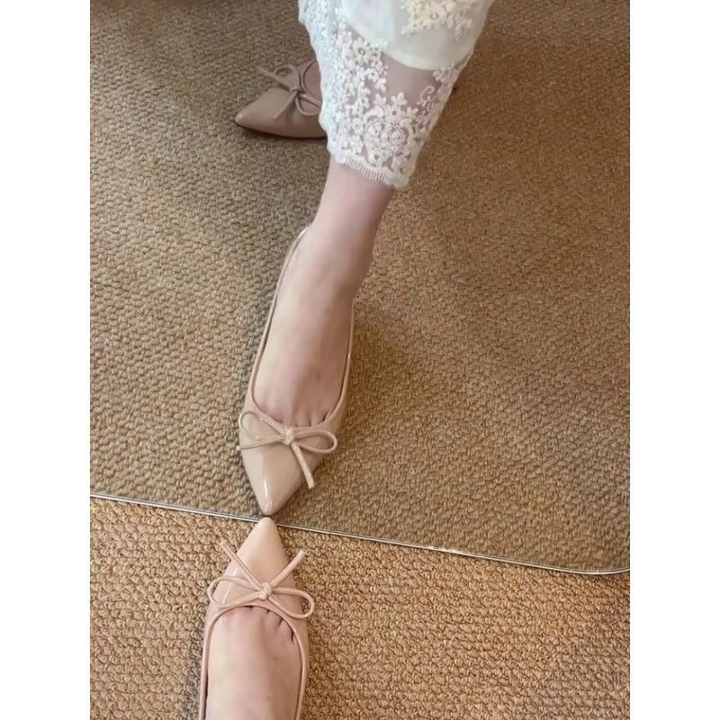 Inner heightening version leather retro pointed bow Mary Jane shoes women's high sense versatile fairy style flat shoes