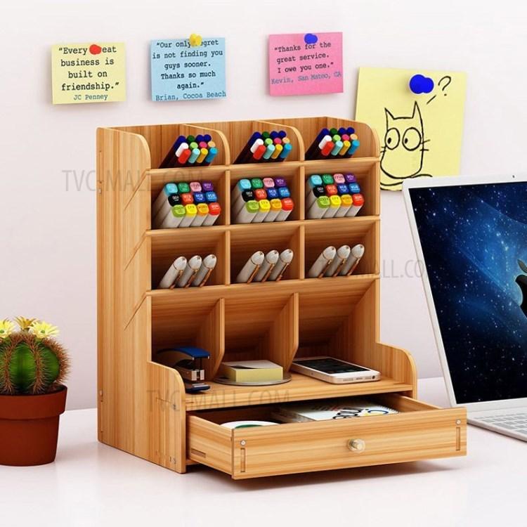 

Desktop Shelf Stationery Pen Cosmetics Storage Rack Organizer Office Furniture Space Saver Cherry Wood