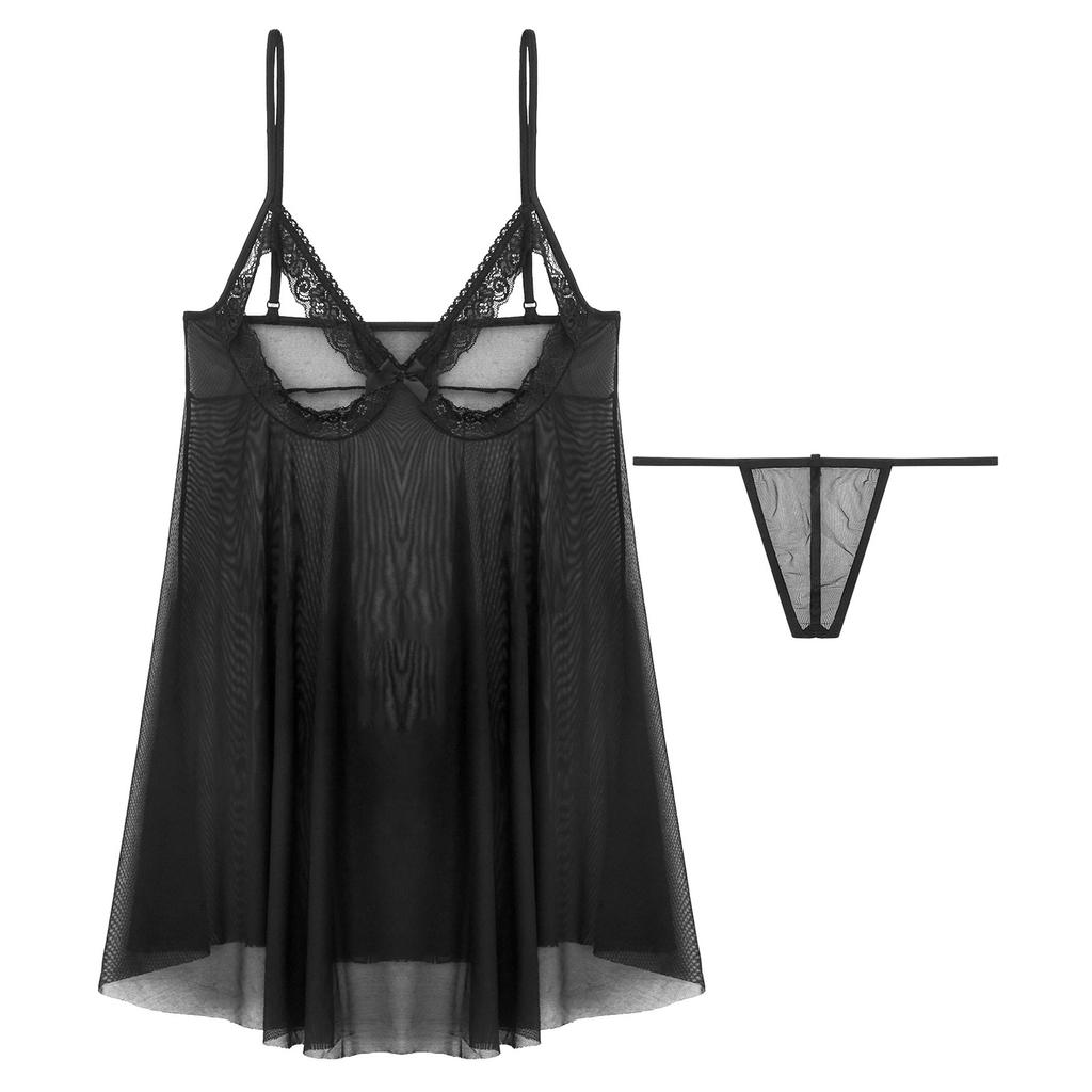 Dámská průsvitná síťovaná souprava spodního prádla - Plus size krajková babydoll s nastavitelnými ramínky a G-string noční prádlo