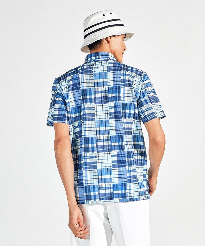 Munsingwear Short Sleeve Collared Madras Check BL00 Golf Men's Shirt, MG5SHS41M, (Blue), Moisture-Wicking, Quick-Drying, Cooling,