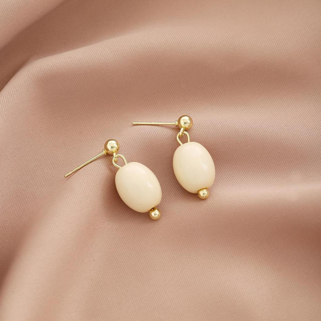 Silver Needle Minimalist Milky White Bean-Shaped Geometric Oval Earrings for Women